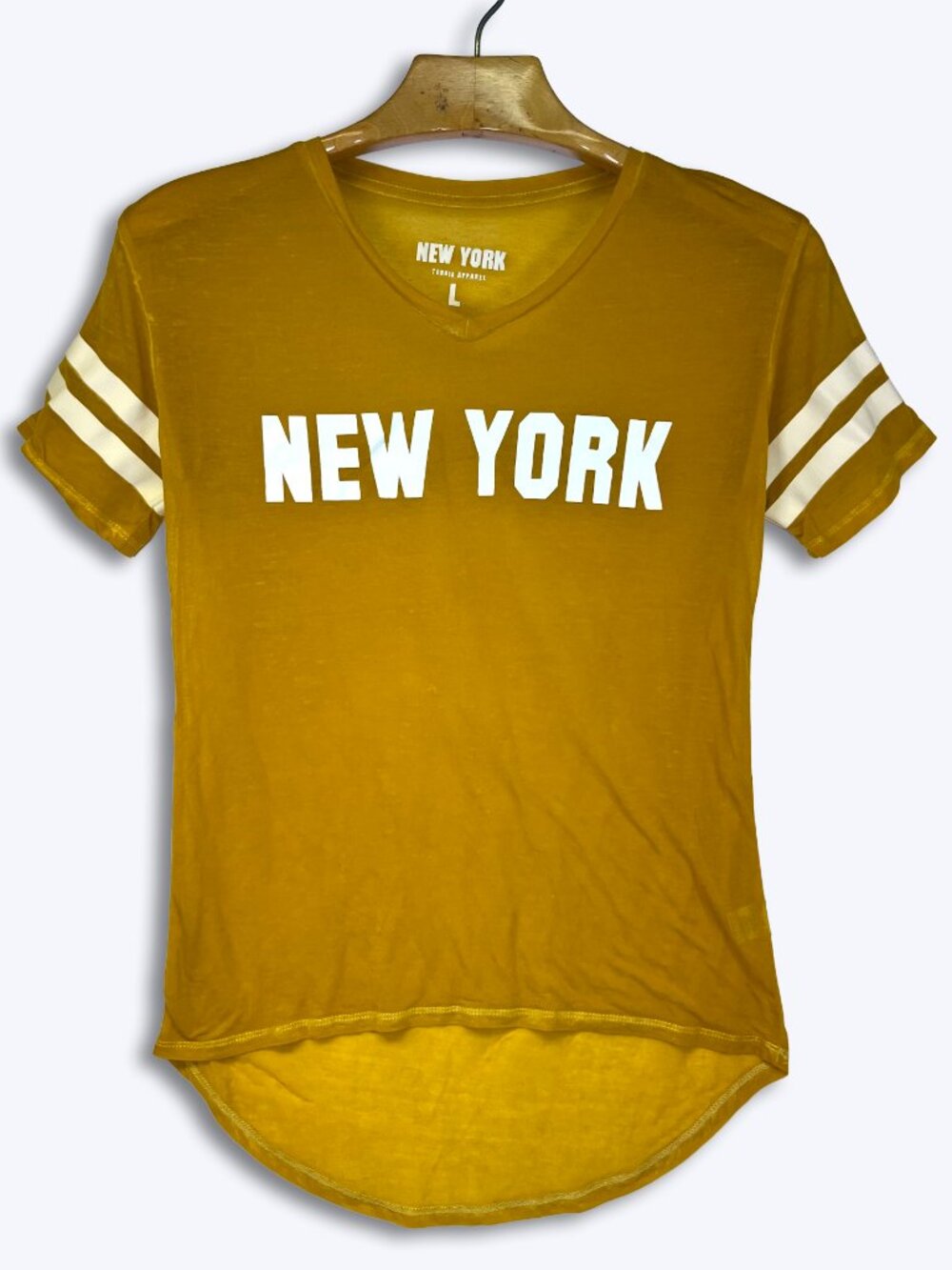 New York Graphic T-Shirt Women L Mustard Yellow Sheer Bodycon Varsity Stripe Top